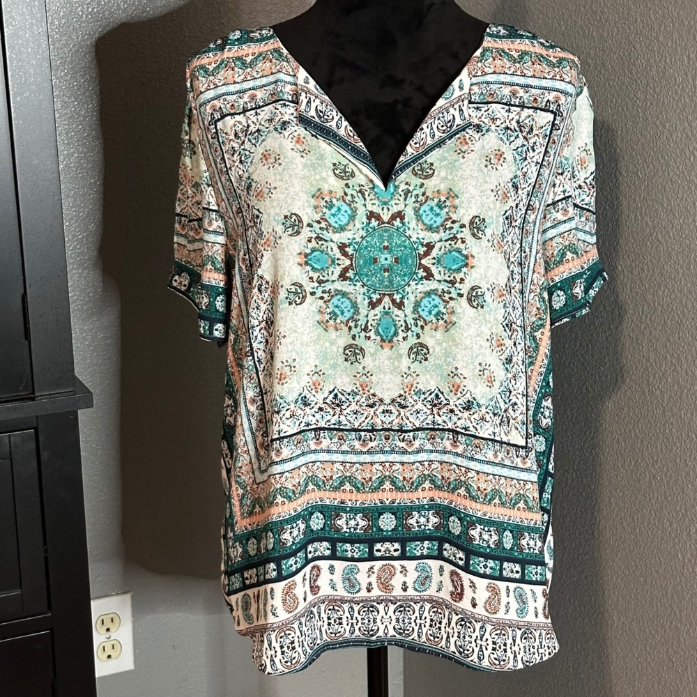 DR2 Womens L Printed Tunic Top‎ Short Sleeve V Neck Boho Indie Paisley Eclectic